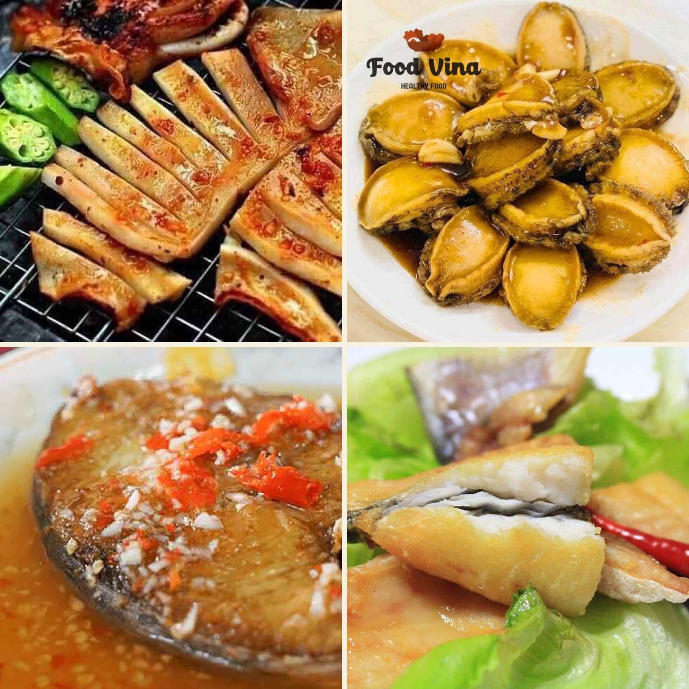 Mực nướng, bào ngư sốt, cá thu kho và cá dứa kho — các món làm từ sản phẩm Foodvina